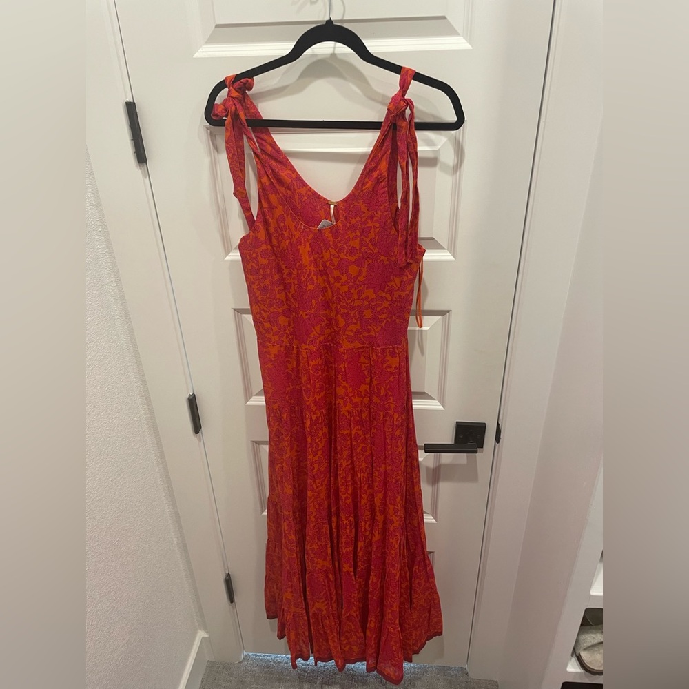 Free People Red-Orange Floral Tie-Shoulder Maxi Dress